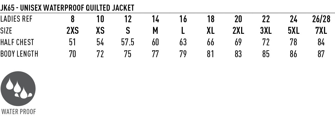 Waterproof Quilted Jacket size chart