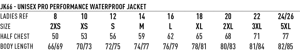 Unisex Pro Performance Waterproof Jacket size chart