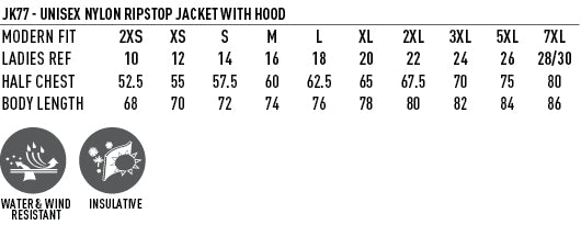 Unisex Arena Jacket size chart