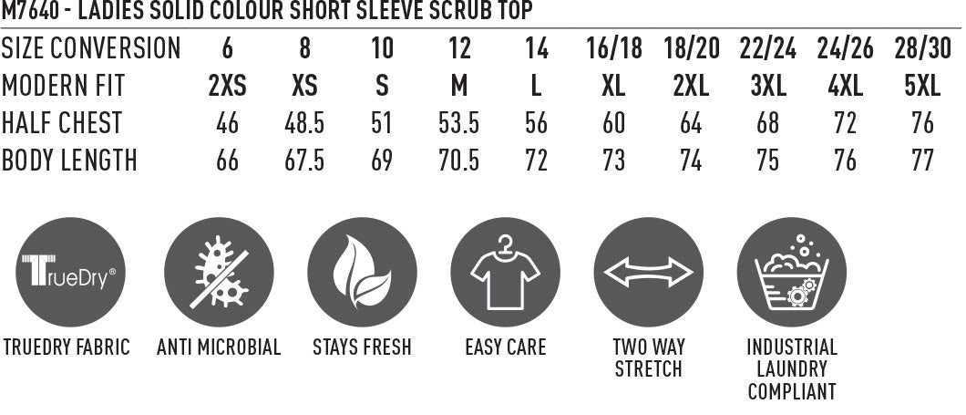 W.S. Ladies Scrub Top size chart