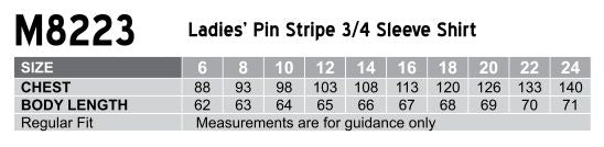 Ladies PinStripe 3qtr Shirt size chart
