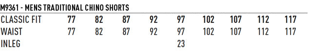 Winning Spirit Chino Shorts size chart