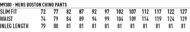 Boston Chino Pants size chart