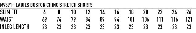 Ladies Stretch Boston Shorts size chart