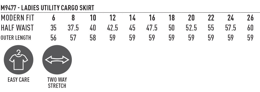 AIW Utility Ladies Cargo Skirt size chart
