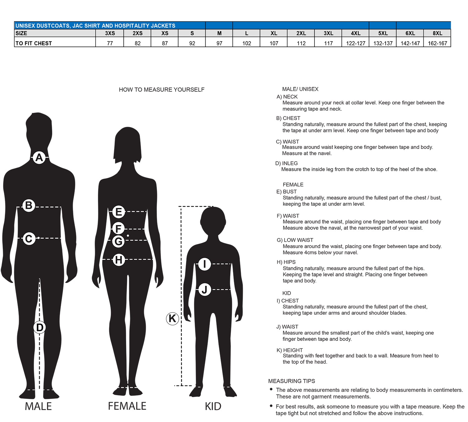 Adult Dust Lab Coat size chart