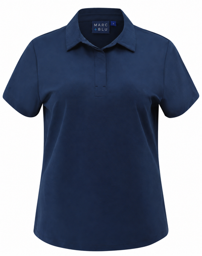 A navy blue short-sleeve polo shirt with a collar and a two-button placket, shown on a clean white background. The Marc & Blu brand label is visible inside the collar.