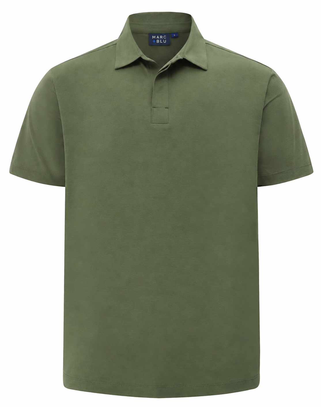 An olive green short-sleeve polo shirt by Marc & Blu, shown on a clean white background.