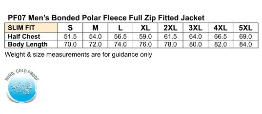 Bonded Polar Jacket size chart