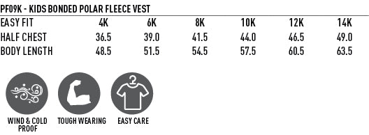 Kids Bonded Polar Vest size chart