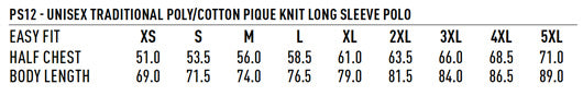 Unisex Pique LS Polo size chart