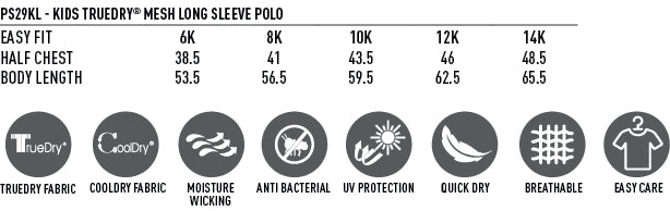 Kids LS Cricket Polo size chart