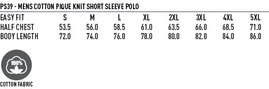 Longbeach Cotton Polo size chart