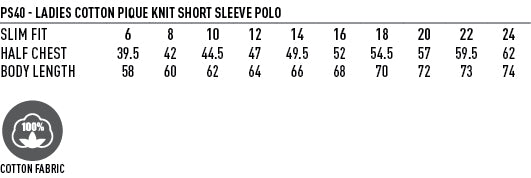 Ladies Longbeach Stretch Polo size chart
