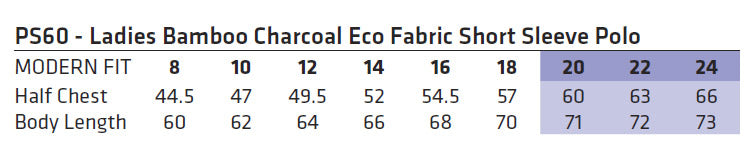 Ladies Breathable Bamboo Charcoal Polo size chart