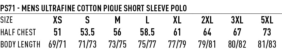 Ultrafine Cotton Polo size chart