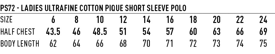 Ladies Ultrafine Cotton Polo size chart