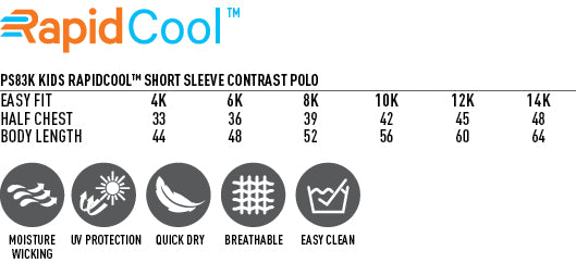 Kids Staten Rapid Cool Contrast Polo size chart