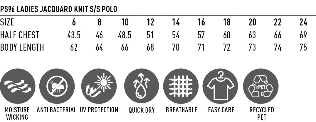 Ladies Sustainable Jacquard Knit Polo size chart