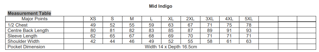 Pilbara Denim LS Shirt size chart