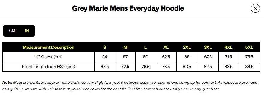 Heavyweight Premium Everyday Hoodie size chart