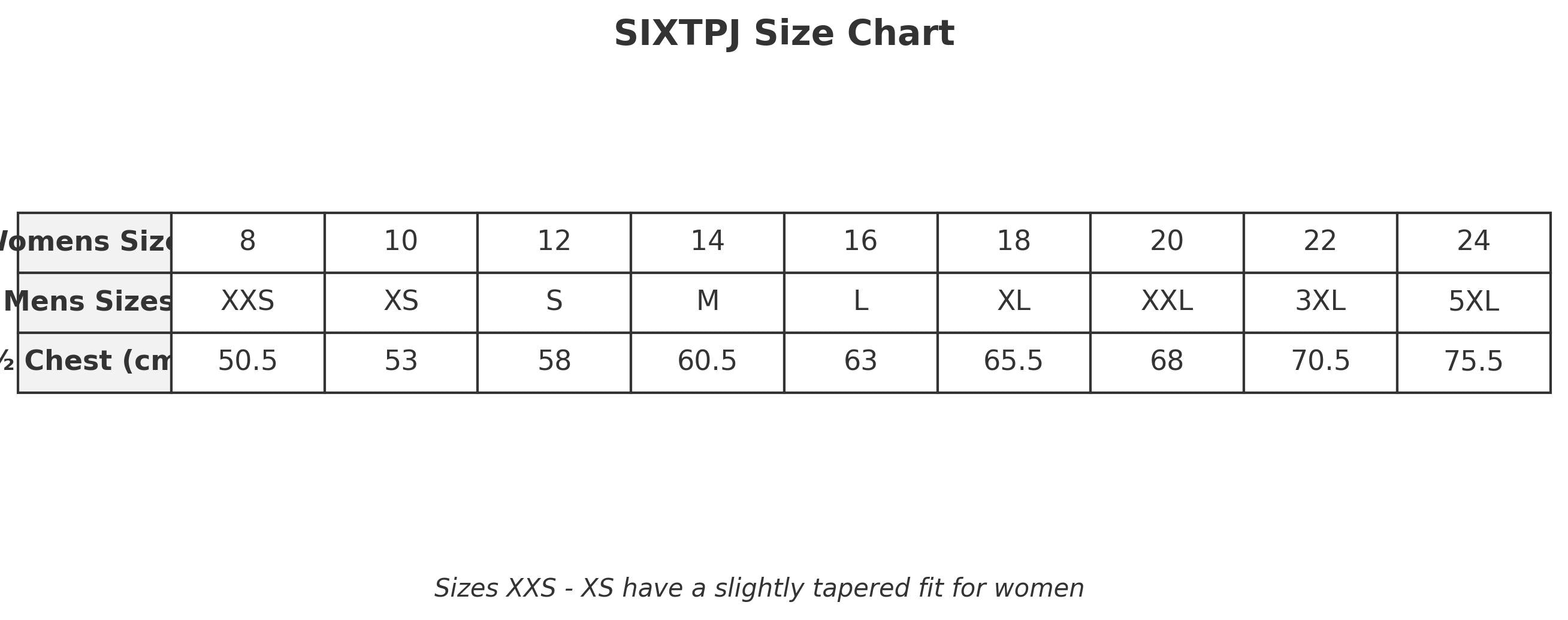 XT Plunge Jacket size chart