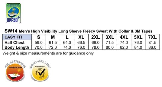 HiViz Fleecy Sweat Jumper With 3M Tape size chart