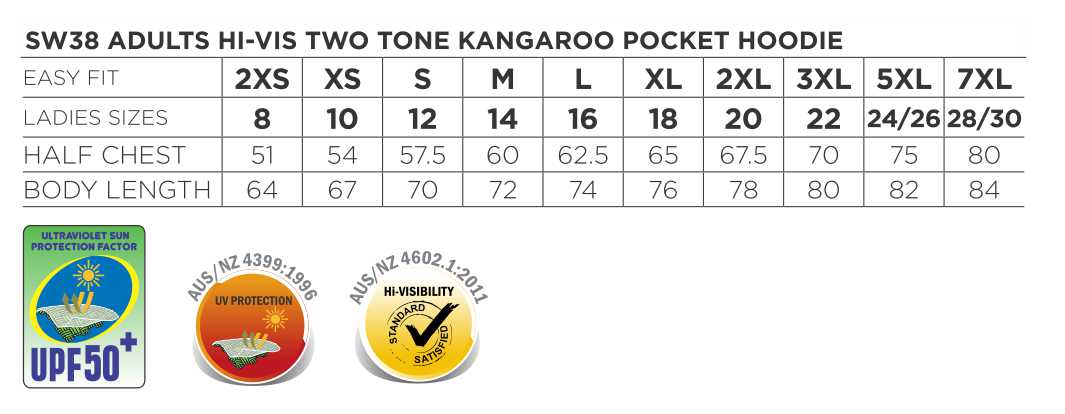 Winning Spirit AIW HiVis Fleecy Hoodie size chart