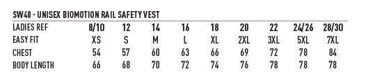 VIC Rail HiVis Safety Vest size chart