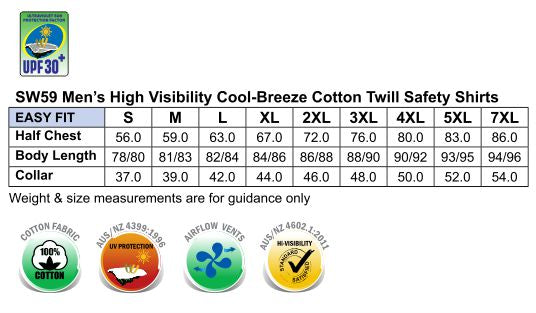 AIW HiVis CoolBreeze SS Shirt size chart