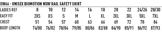 NSW Rail Lightweight Safety Shirt size chart
