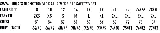 VIC Rail Reversible Safety Vest size chart