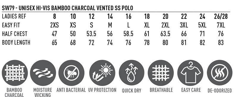 HiVis Bamboo Charcoal Vented Polo size chart