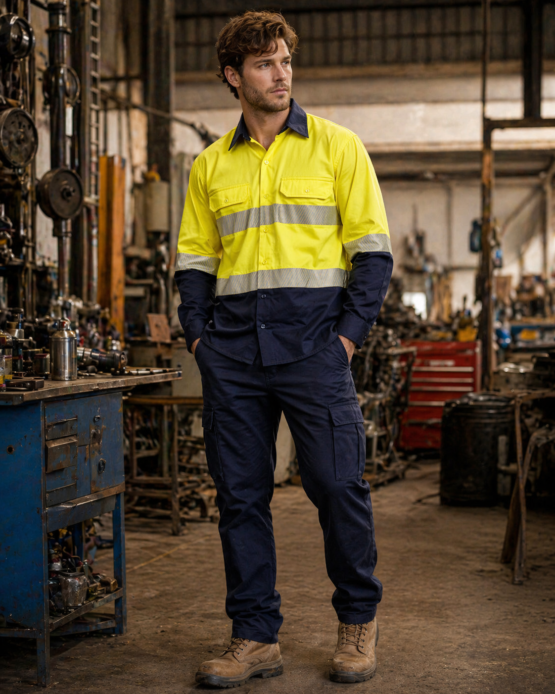 Bright yellow and navy blue hi vis ls segmented tape safety shirt with reflective stripes work uniform for safety workwear