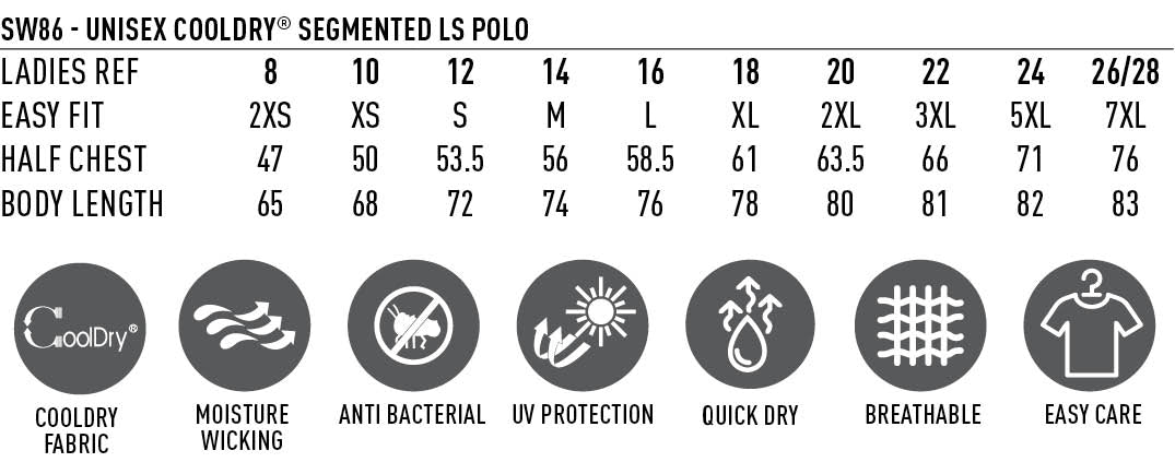 Unisex Segemented LS Polo size chart