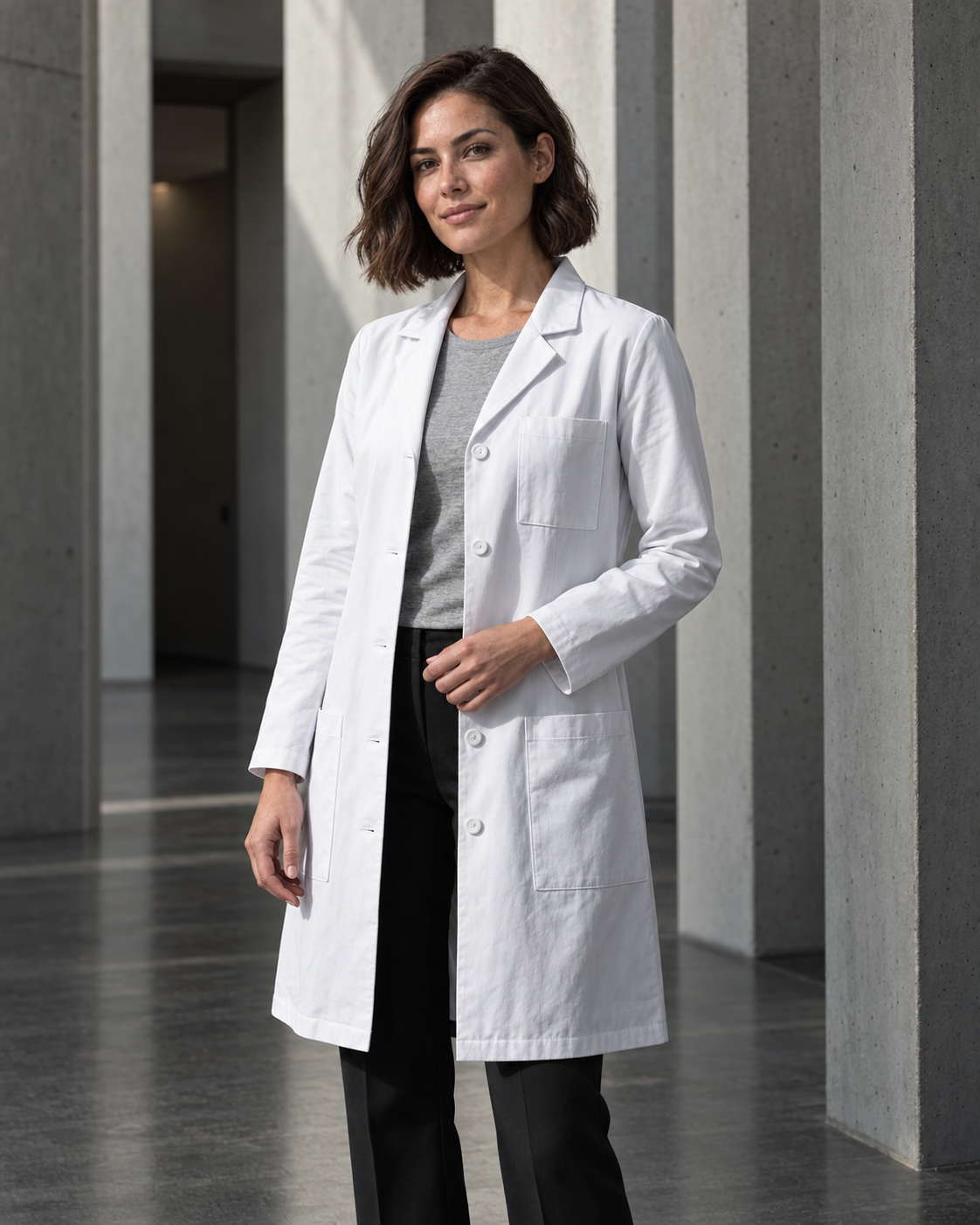 A woman wearing a white long lab coat over a gray top and black pants, standing in a modern concrete corridor.