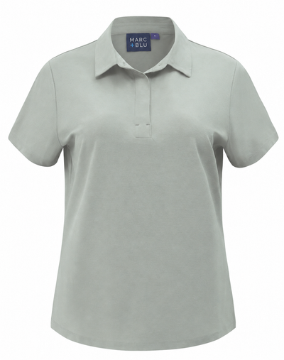 A light sage green short-sleeve polo shirt with a collar and two-button placket, shown on a plain white background. The brand label 'MARC BLU' is visible inside the collar.