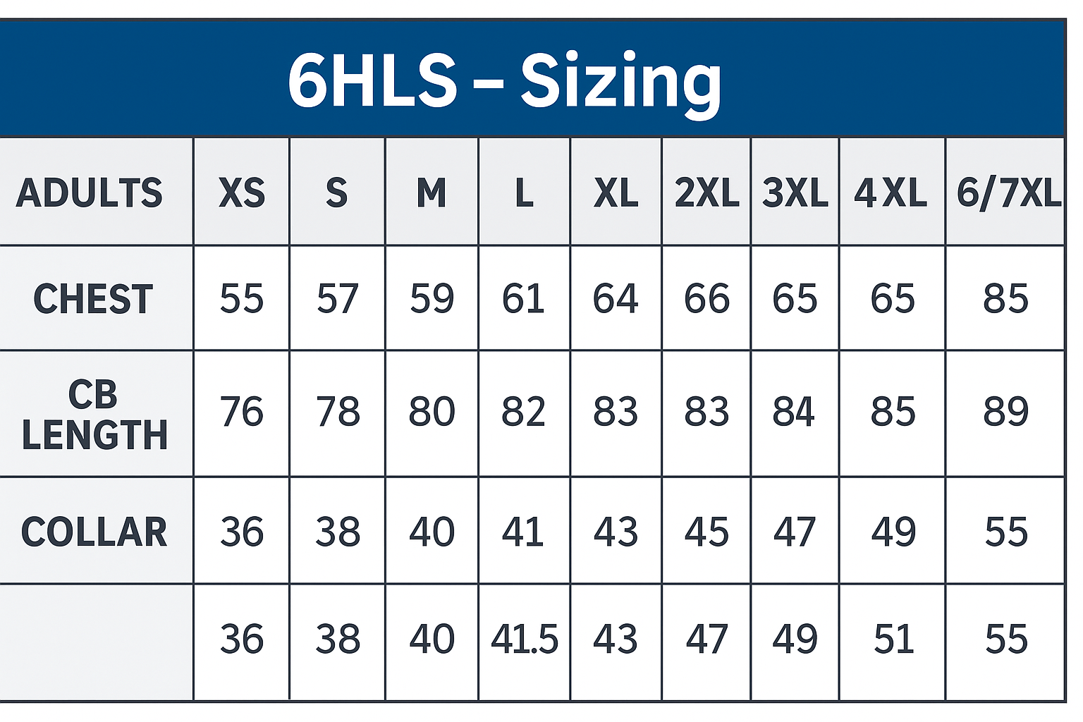 JBs HiVis (D+N) Shirt size chart