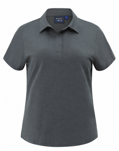 A dark gray short-sleeve polo shirt with a collar and a two-button placket, shown on a plain white background. The brand label inside the collar reads 'MARC BLU'.