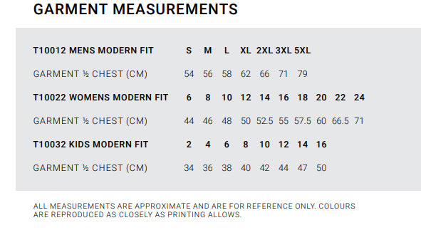 Kids Southport Tee size chart
