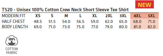 One Colour Printed Adult Tee size chart