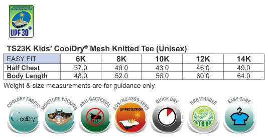 Kids CoolDry Tee size chart