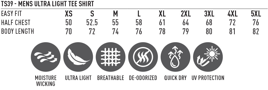 RapidCool Ultra Tee size chart