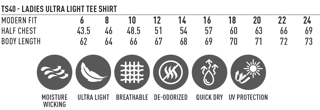 Ladies Ultra Sports Tee size chart