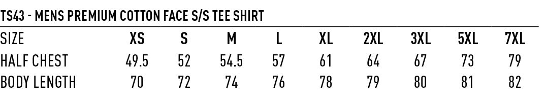Premium Cotton Face Tee size chart