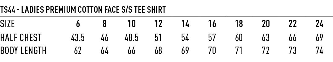 Ladies Premium Cotton Face Tee size chart