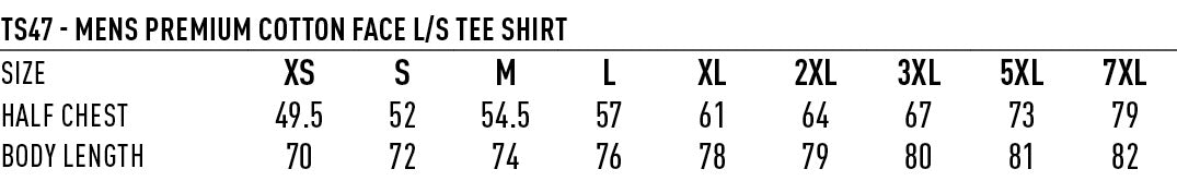 Premium Cotton Face LS Tee size chart
