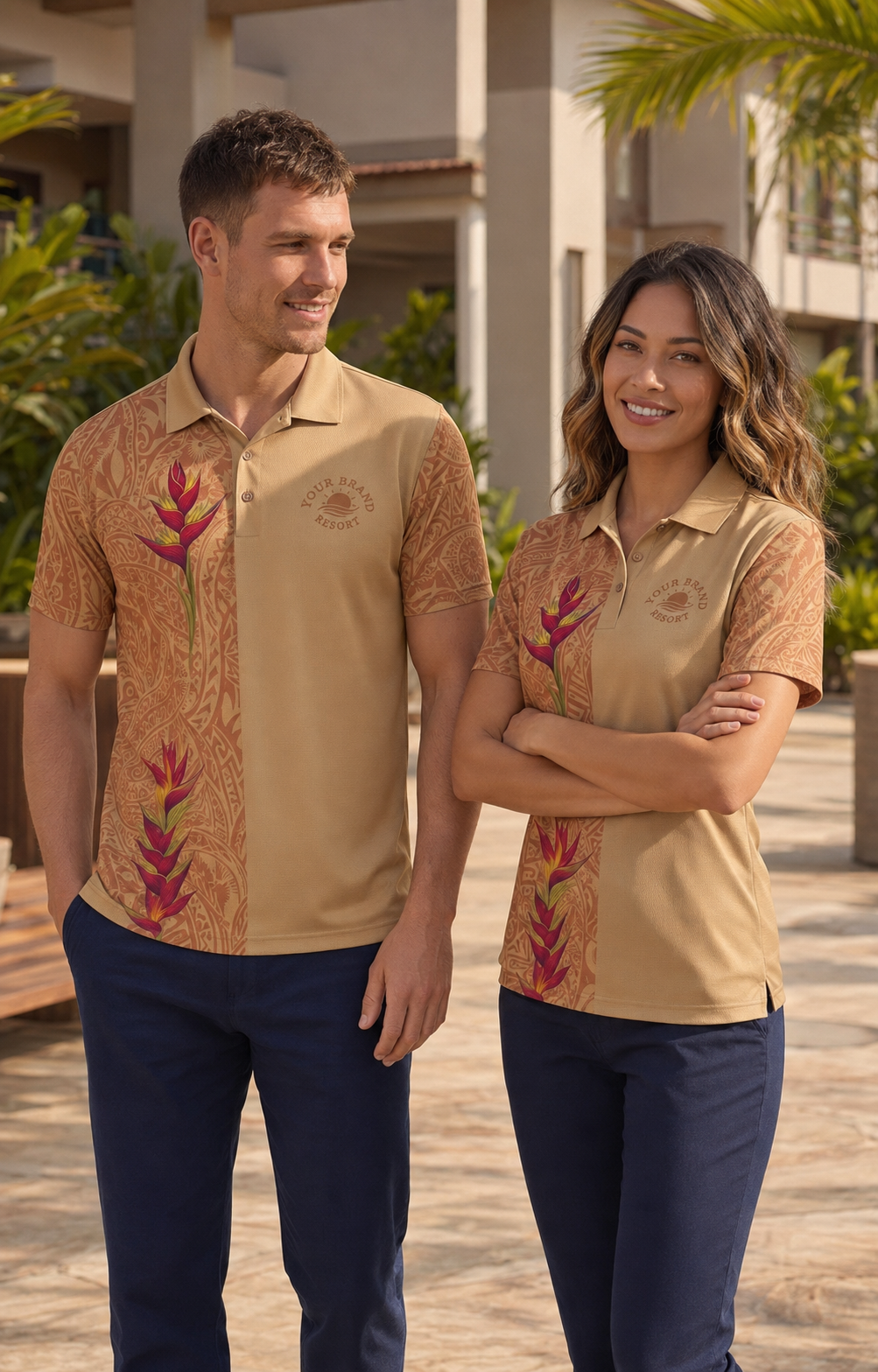 A man and a woman standing outdoors in matching tan polo shirts with red tropical floral prints on the sleeves and sides, paired with navy pants.
