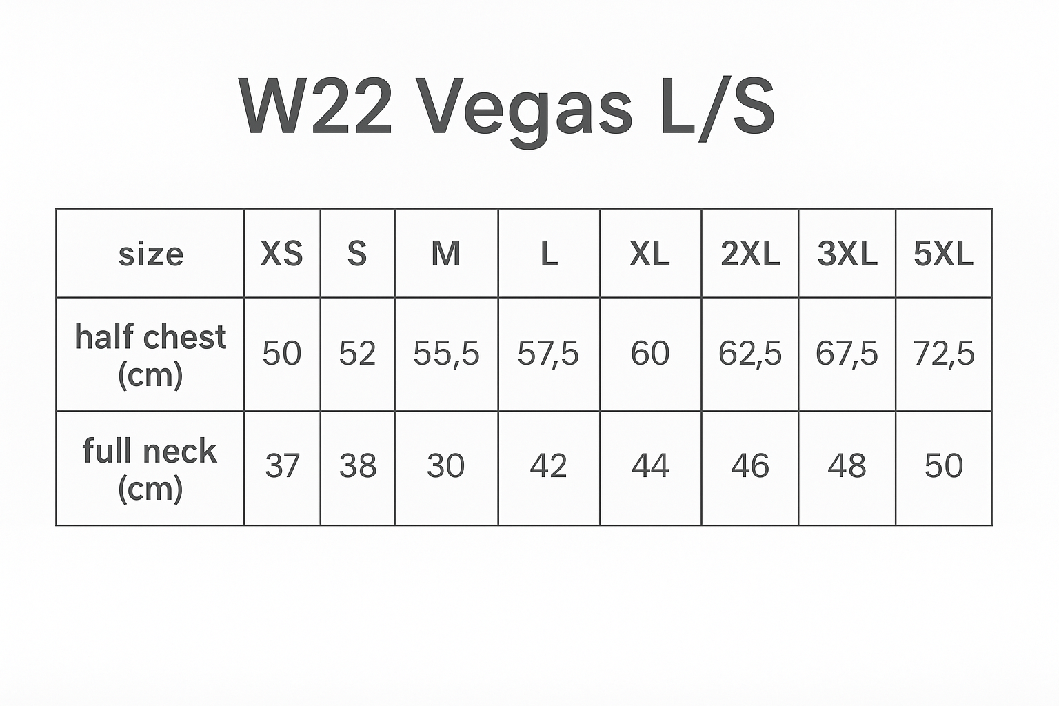 Vegas L/S Shirt size chart