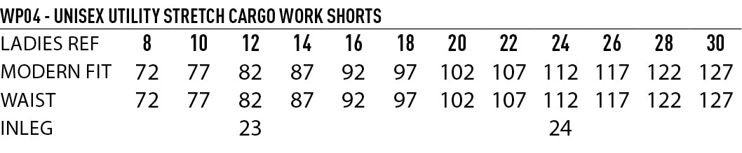 Unisex Utility Stretch Cargo Work Shorts size chart